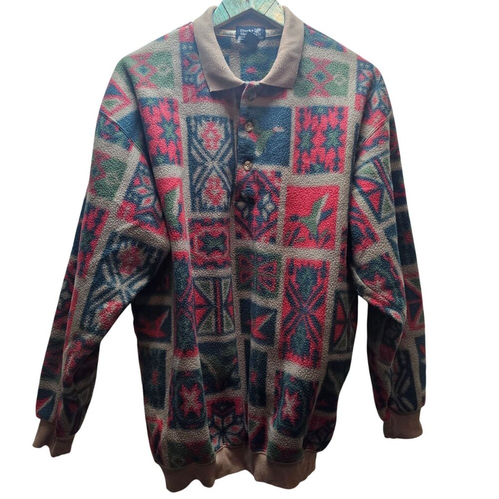 Vtg Ducks Unlimited Aztec Neutral Animal Fleece 3/4Ducks Unlimited Pullover, Lg